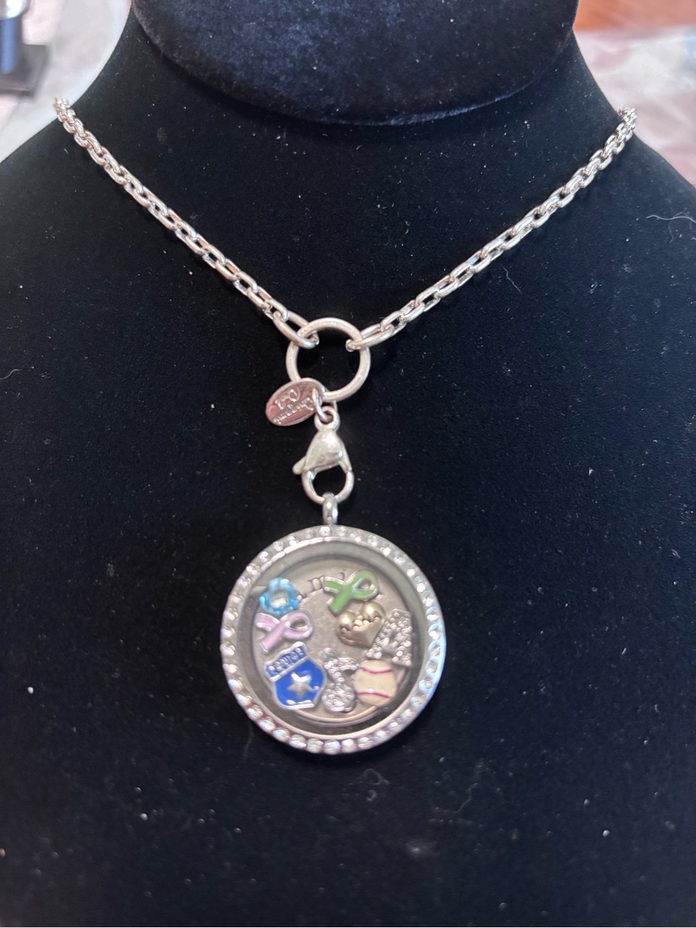 Origami Owl Locket Necklace with Charms and Rhinestones